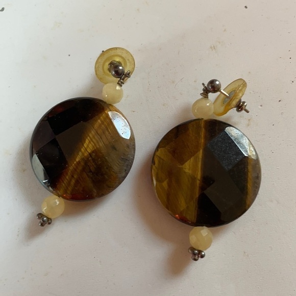 GENUINE Tiger’s Eye Drop Earrings w Cream Stone Large - Picture 1 of 5